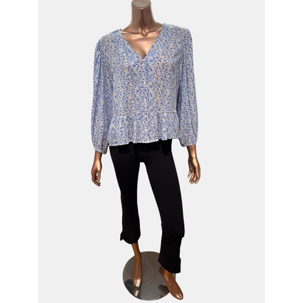 Pigalle Blue Ditsy Floral Viscose Peplum Cottagecore Chic Blouse V-Neck Boho/L
